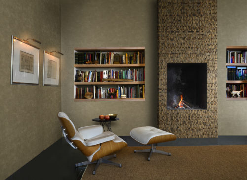 Tactile living room with Eames chair in white leather with wood. The brown and earth tones are in the non-woven wallcovering and in the waterlily around the fireplace.