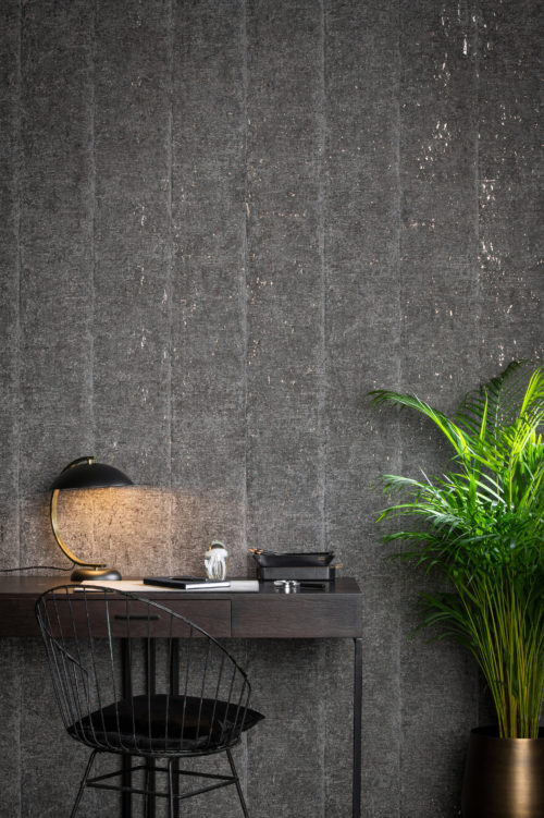 Picture of an interior showing off the sfumato design from the Khatam wallcovering collection: graphic design meets fine art, drawing out ancient lines from within the cork bark.