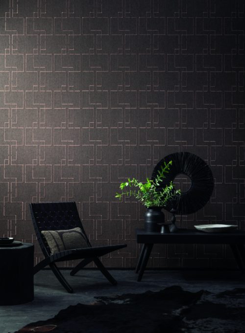 An exquisitely embroidered paperweave from Omexco's Tribu collection. Dark, yet stylish and sophisticated living room.