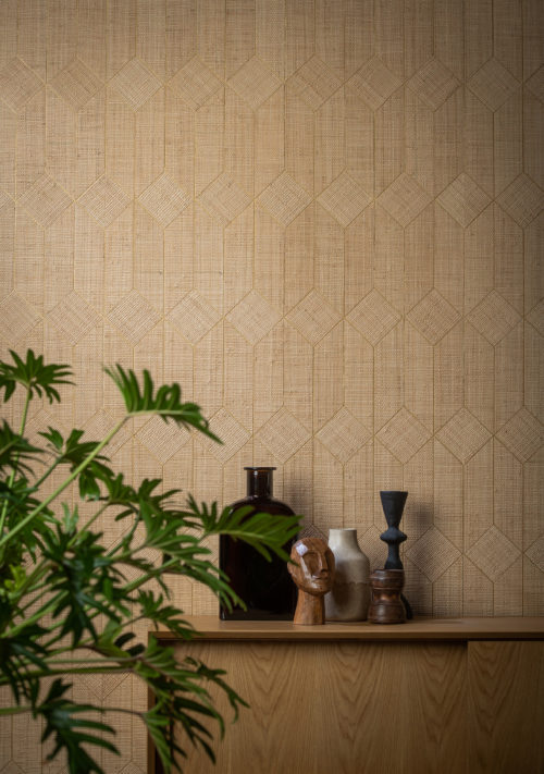 Handwoven raffia is cut into shapes and positioned by hand to form a beautiful marquetry effect.
