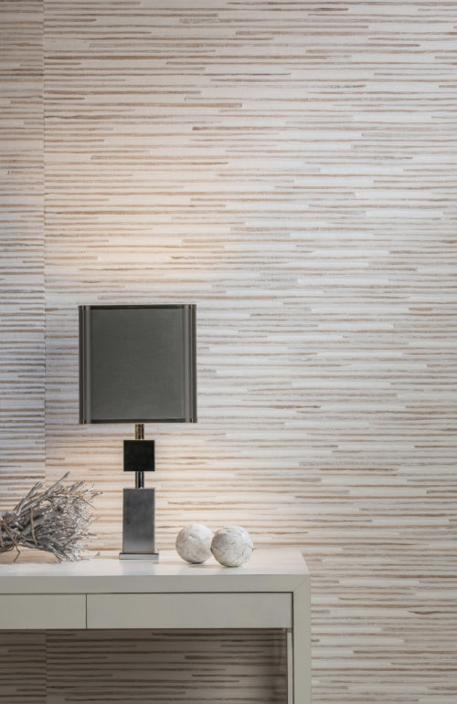 Detail of waterlily and paper weave wallcovering by Omexco.