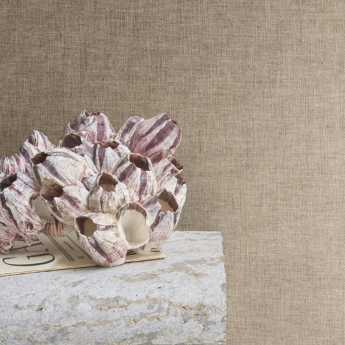 A textured interior showcasing Omexco's Pure collection, reference PU381, composed of warp and weft weaving of wool yarn in mottled colours. The nostalgic design captures a subtle interplay of texture and depth, creating a warm and organic aesthetic. The scene features a natural stone base topped with an arrangement of vibrant pink and white barnacle shells resting on an open book. The neutral tones of the wallcovering complement the raw, rustic materials, blending nostalgia with contemporary elegance