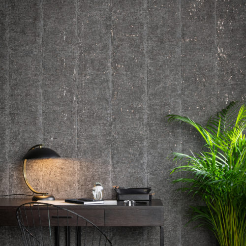 Picture of an interior showing off the sfumato design from the Khatam wallcovering collection: graphic design meets fine art, drawing out ancient lines from within the cork bark.