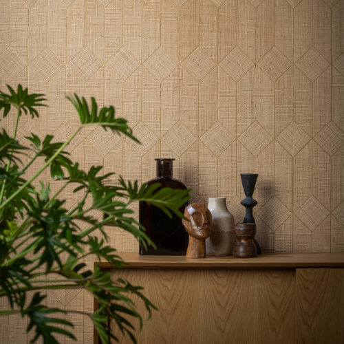 Handwoven raffia is cut into shapes and positioned by hand to form a beautiful marquetry effect.