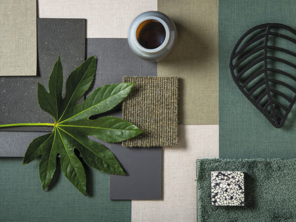 Moodboard composed with Omexco's eco-conscious High Performance Textures wallcoverings in different shades of green.