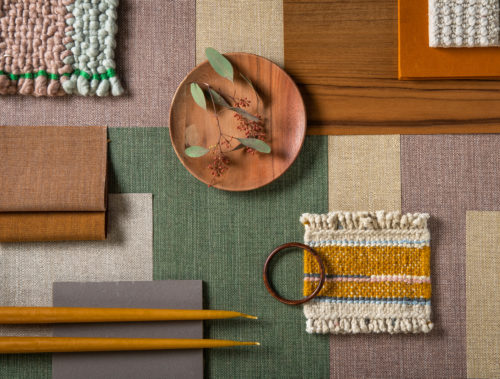 Moodboard composed with Omexco's eco-conscious High Performance Textures wallcoverings in green, beige and orange hues.