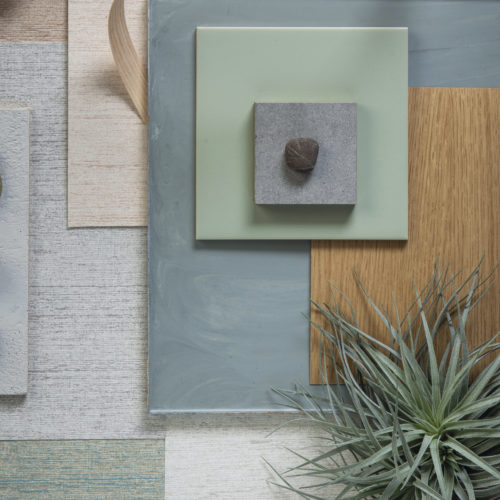 Moodboard composed with Omexco's eco-conscious High Performance Textures wallcoverings in green, blue and beige shades. The air plant in the bottom right corner adds a natural touch to the picture.