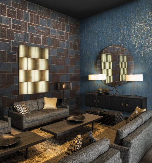 Intimately connected with nature, the Khatam collection is authentic, elegant and entirely suited to modern living. In this design we see the peacock blue calligraphy design combined with the modern mosaic: generous geometric marquetry design on precious metal background.