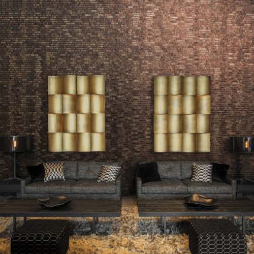 This living room showcases our metalized woven bakbak strips wallcovering in dark brown and copper: regular and fine strips of bakbak are sewn together with metallic threads of shimmering copper to create an air of total elegance.