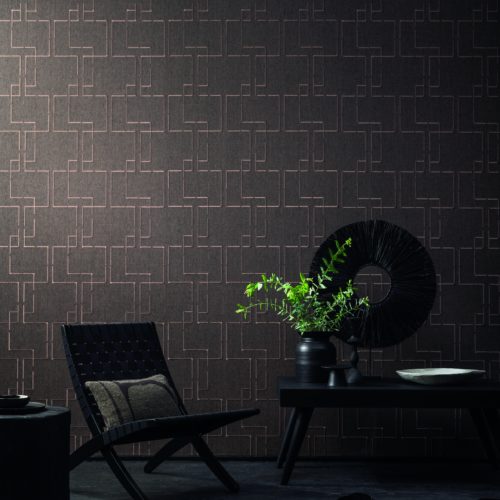 An exquisitely embroidered paperweave from Omexco's Tribu collection. Dark, yet stylish and sophisticated living room.