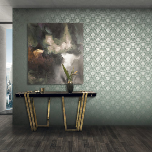 Light green wall with damask wallcovering with silver foil, cloudy painting, side table with gold legs.