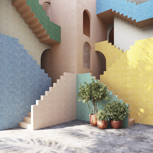 Dreamlike, architectural shot of an impressive building characterized by a series of interlocking stairs, platforms and geometric shapes. The building is reminiscent of the iconic Spanish "La Muralla Roja" housing estate, designed in 1968 by architect Ricardo Bofill. On the outside walls of this postmodern complex, we see Omexco's colourful wallcovering collection Joy, in vibrant shades of yellow, blue, green, turquoise and pink.