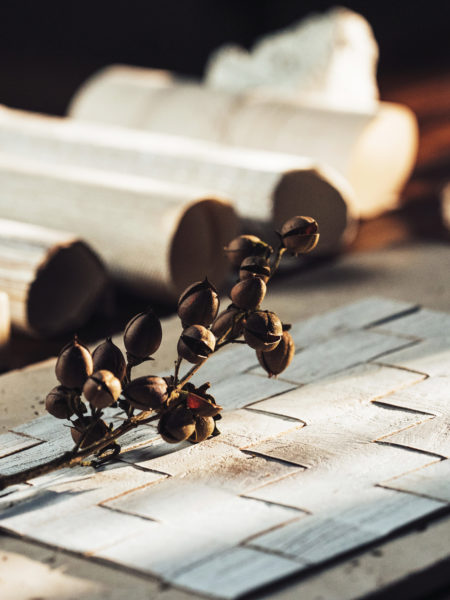 Un gros plan sur la référence PU281 de la collection Pure, mettant en avant un tissage sophistiqué en écorce de mûrier. Au premier plan, un motif géométrique texturé dans des tons naturels doux, surmonté d'une branche séchée avec des capsules de graines. En arrière-plan, des rouleaux de matériaux et des éléments organiques baignent dans une lumière naturelle chaleureuse, soulignant l'esthétique artisanale de la composition.