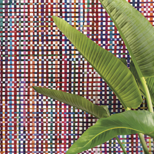 Du métier à tisser à votre salon. Voici un gros plan du motif de revêtement mural "Extravaganza" de la collection Atelier d'Omexco. Des rubans de soie sari recyclés et colorés sont tissés à la main avec de l'abaca. Les feuilles d'une plante d'intérieur tropicale se trouvent devant le mur d'expression.